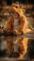 Child in orange dinosaur costume sits by calm pond reflecting autumn colors during sunny afternoon playtime photo