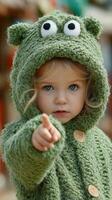 Child in green knitted hoodie with animal ears playfully pointing at the camera in an outdoor setting photo