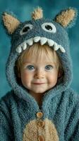 Cute toddler wearing a fuzzy monster hoodie smiles at the camera against a turquoise backdrop in a cozy indoor setting photo