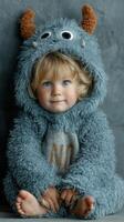 Child wearing a fluffy monster costume poses playfully against a simple gray background while showcasing a charming smile photo