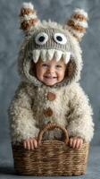 Cute toddler dressed in cozy monster costume holding a wicker basket indoors with soft background photo