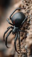 Black spider climbing on a textured surface in natural habitat during daylight hours photo