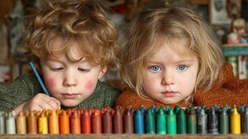 Children engaged in creative activity with crayons in a cozy room during daylight hours photo
