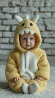 Cute baby in yellow monster outfit sitting on soft carpet in a cozy indoor setting during daytime photo