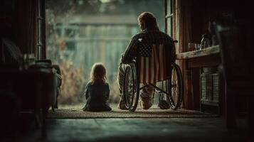 Reflecting on the past, a child and veteran share a quiet moment in a rustic setting at dusk photo