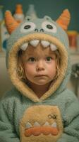 Young child wearing a monster-themed hooded robe in a playful bathroom setting during the evening photo