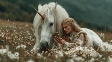 Young woman in floral dress sits in meadow with unicorn, checking phone amidst wildflowers on a serene afternoon photo