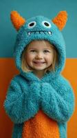 Cute child in bright blue monster hoodie smiles for camera in cozy indoor setting photo