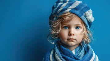 Child with blue eyes wearing blue and white clothing in front of a solid blue background during natural daylight photo