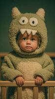 Cute toddler in monster costume poses for portrait in cozy indoor setting during autumn evening photo
