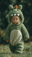 Child wearing a cozy dinosaur costume enjoys outdoor playtime in a lush green setting during a sunny day photo