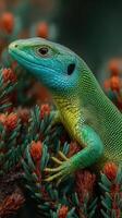 Colorful lizard perched among vibrant foliage in a lush environment during daylight hours photo