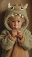 Cute child wearing a monster costume sipping water with curiosity in a cozy indoor setting photo