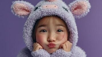Child wearing a cozy purple animal onesie makes a playful face against a solid background photo