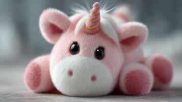 Cute pink unicorn plush toy resting on soft surface with a whimsical expression in a cozy indoor setting photo
