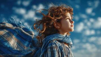 Child with flowing hair gazing into the sky surrounded by billowing clouds during a sunny day photo