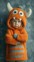 Child in fuzzy orange monster sweater poses confidently in a studio setting with a textured background during daylight photo