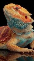 Colorful reptile resting on a reflective surface showcasing its vibrant scales and unique patterns under soft light photo