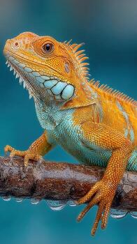 Colorful lizard perched on branch with droplets in a tropical environment during daylight hours photo