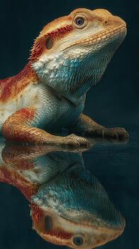 Bearded dragon rests calmly on reflective surface in a dark setting showcasing vibrant scales and textures photo
