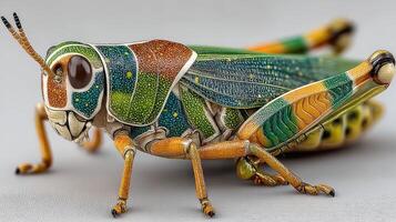 Colorful grasshopper perched on a surface showcasing intricate details in a close-up view photo