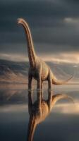 Serene dinosaur stands in calm waters reflecting a stunning landscape at dusk photo