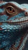 Close-up view of a vivid blue and brown lizard revealing intricate scale patterns and expressive eye photo