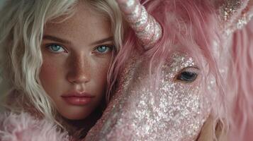 Portrait of a young woman with a sparkling unicorn in a soft, dreamlike setting highlighting fantasy and imagination photo