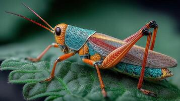 Vibrant grasshopper perched on a green leaf in natural light during early morning hours photo