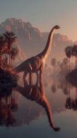 Majestic dinosaur stands by a tranquil lake surrounded by mountains and palm trees at sunset photo