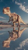 Large dinosaur statue stands near a tranquil lake at sunset with mountains in the background photo
