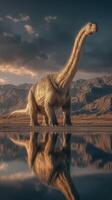 Giant dinosaur standing majestically by a reflective water surface in a natural landscape at dusk photo