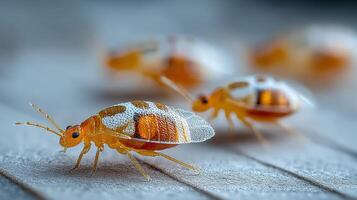Detailed close-up of vibrant insects on a wooden surface during daylight in a natural setting photo