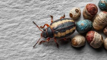 Detailed view of a beetle beside colorful seeds on textured surface in natural light photo