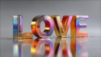 Colorful letters spell love in a reflective surface under soft lighting photo