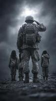 Soldier saluting while three children look on in a somber atmosphere photo