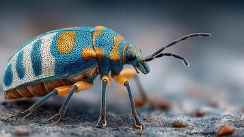 Colorful blue and orange beetle crawling on a rocky surface in nature's habitat under soft light photo