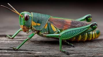 Detailed close-up of a vibrant green grasshopper resting on a wooden surface during daylight in a natural setting photo