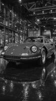 Classic red sports car displayed in a contemporary exhibition space showcases automotive design and innovation in a modern setting photo
