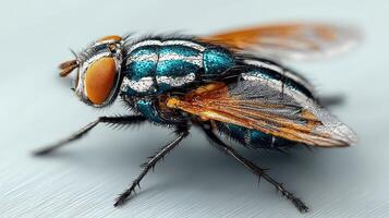 Close-up view of an iridescent fly showcasing intricate details on its body and wings photo