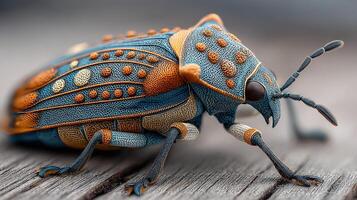 Colorful tropical beetle resting on wooden surface in natural light during the day photo