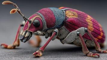 Colorful beetle showcasing intricate patterns and textures on a dark background under macro lighting conditions photo