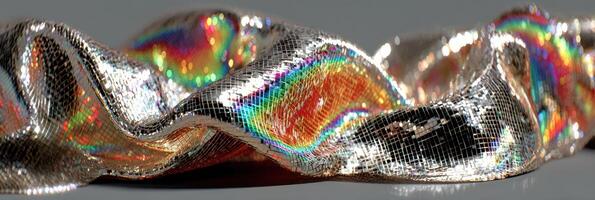 Shimmering iridescent fabric draped elegantly on a smooth surface showcasing vibrant colors photo