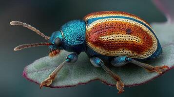 Close-up of a vibrant beetle resting on a leaf in a lush garden during daylight hours, showcasing intricate colors and patterns photo
