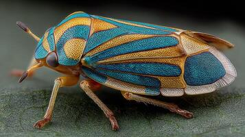 Brightly colored insect resting on a leaf, showcasing intricate patterns and details in a natural setting photo