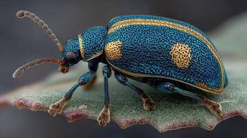 Colorful beetle resting on a green leaf under natural light in a garden setting photo