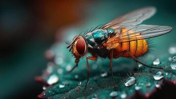 Close-up view of a colorful fly resting on a leaf covered in dew drops in a natural setting photo