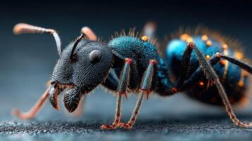 Close-up view of an ant displaying intricate details of its body and antennae on a dark background photo