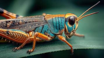 Colorful grasshopper resting on a leaf in a natural setting during daylight hours photo