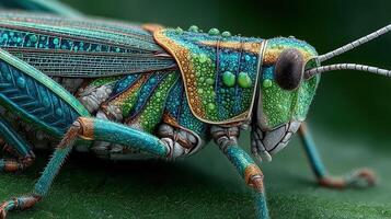 Close-up view of a vibrant grasshopper resting on a green leaf in a natural setting during daylight hours photo